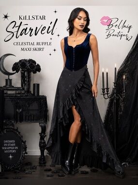 Killstar Starveil Celestial Ruffle Maxi Skirt NWT S